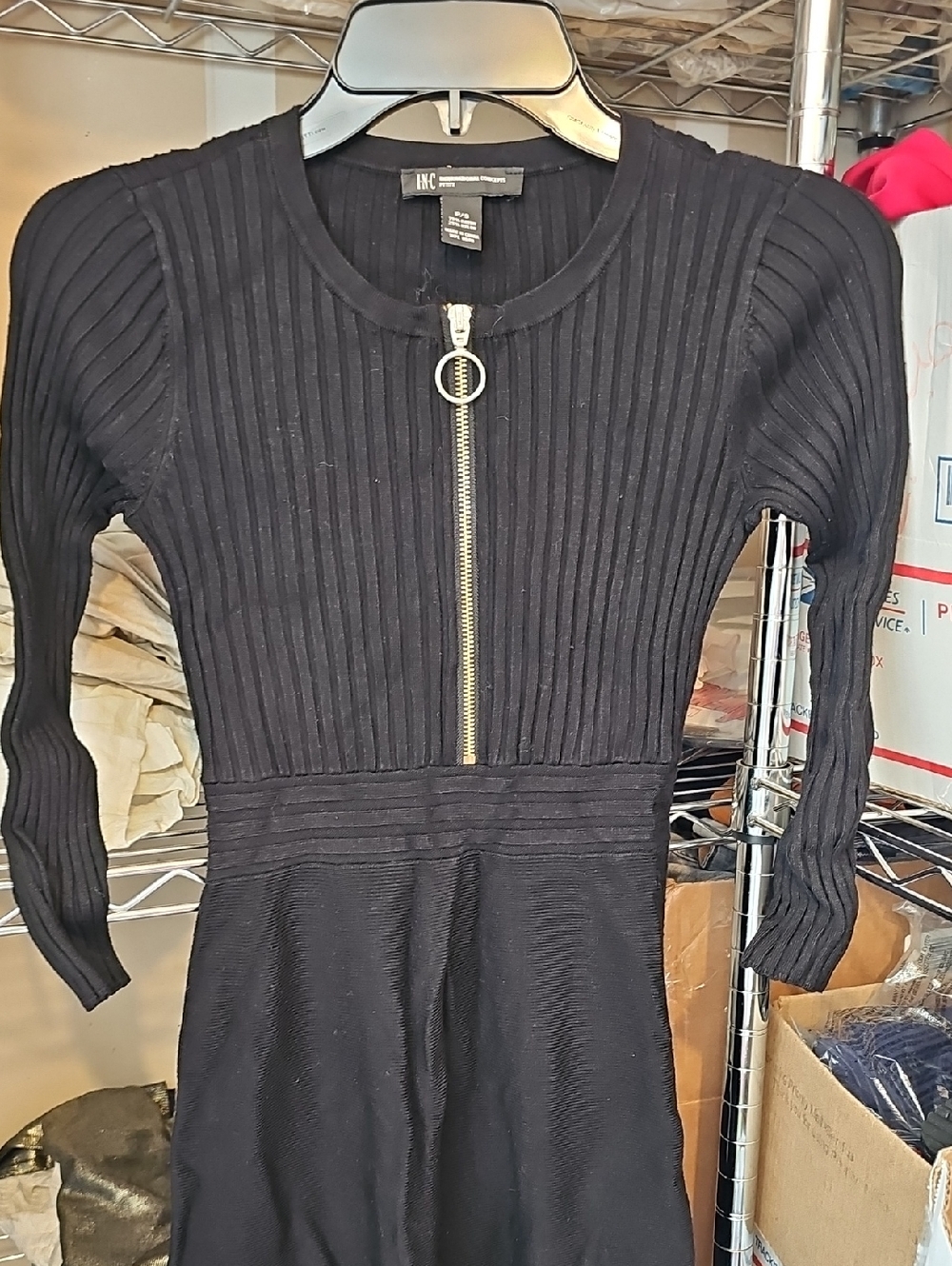 INC International Concepts Black Ribbed Knit Zip Front Dress XXS